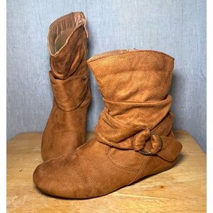 Forever Women's Cognac Faux Suede Slouch Boots Side Zip Buckle Flat Size 9
